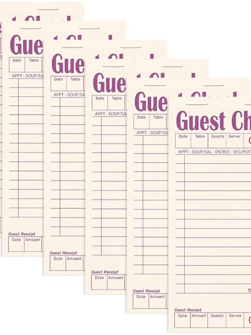 Guest Checks Books for Servers, Natural Color Paper, 6 Pack Purple